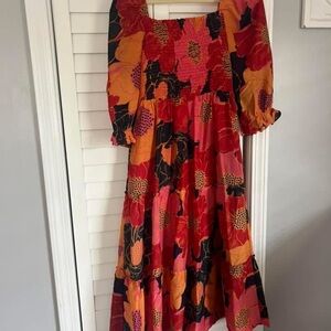 Red and Orange Square Neck Sundress for Wedding Guest